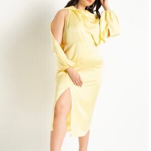 NWT Eloquii Light Yellow Overlay Satin Sleeve Dress Long Sleeve Slit Size 14
